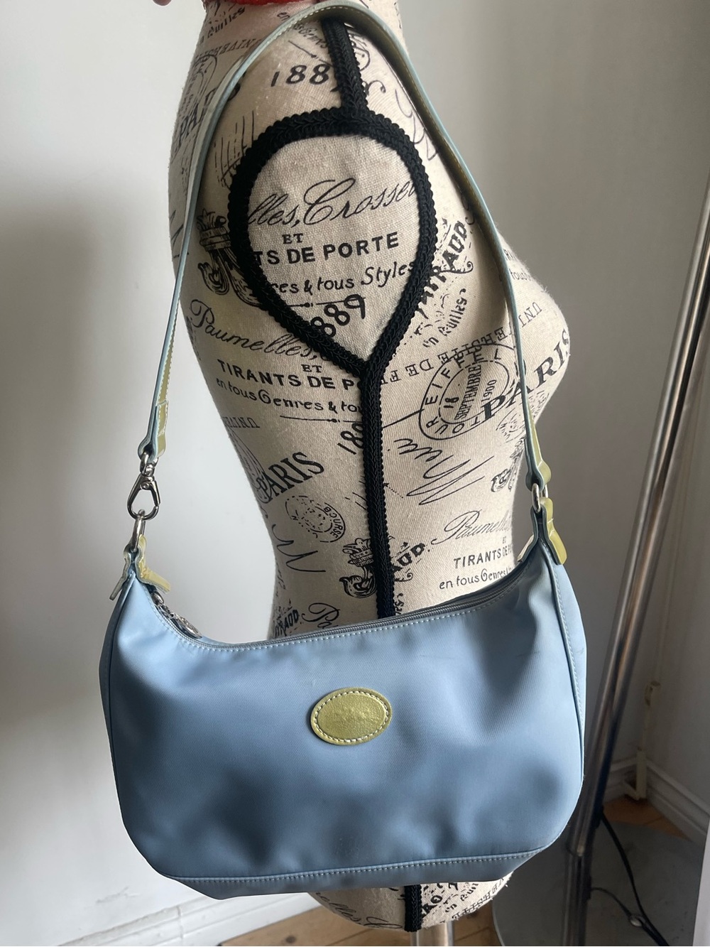 Longchamp Baby Blue Shoulder Bag with Pastel Green Patent Leather Strap & Trim